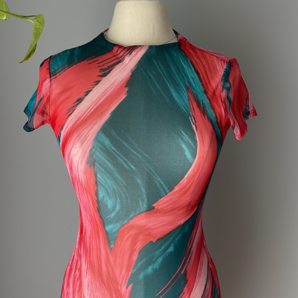 FashionNova fully lined sheer mesh teal red pink dress size S - Picture 2 of 8